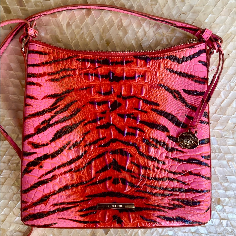 Brahmin Neon Pink Red Purple Animal Print Katie Crossbody “Pink Feline”